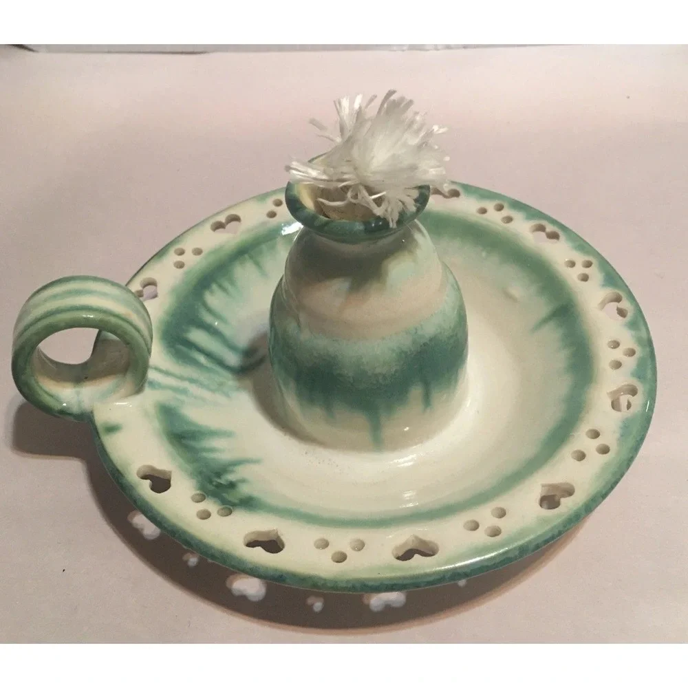 Artist Signed Hand Made Pottery Oil Candle Or Vase W Finger Hold